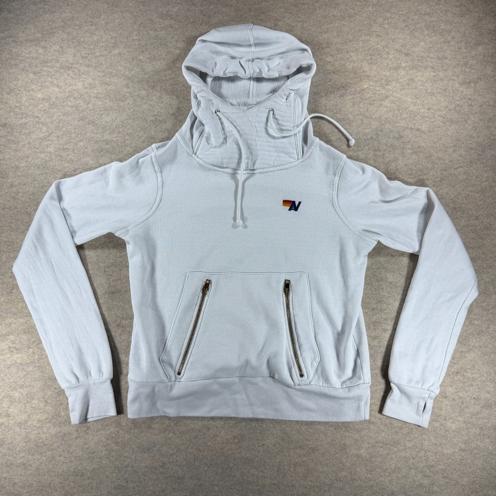 Aviator Nation Ninja Hoodie White Zip Pocket Pullover Sweatshirt USA Womens XS